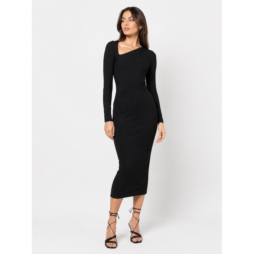 Jonathan Simkhai Standard Black Ribbed Asymmetrical Midi Dress XS Long Sleeve